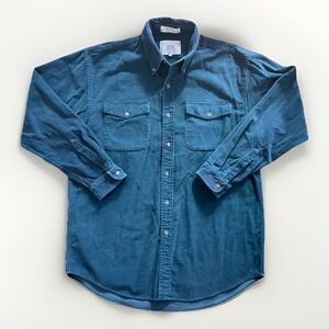 VINTAGE John Ashford Shirt Men L Teal Blue Corduroy Button Up Long Sleeve 90s